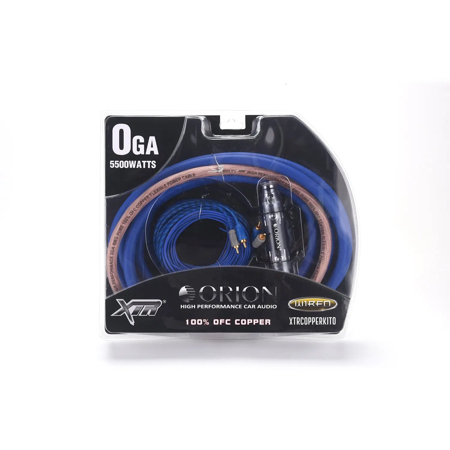 A package of wires with blue and orange cords.
