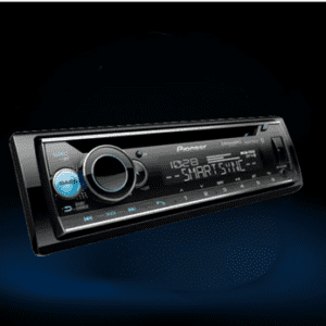 A car stereo with the radio on is shown.