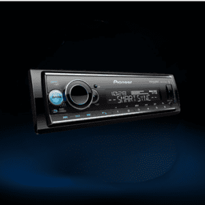 A car stereo with the radio on is shown.
