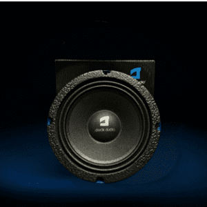 Subwoofer speaker with brand logo in background.