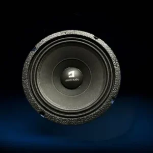 Black audio speaker on a blue background.