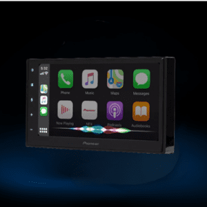 A car stereo with an apple logo on the screen.
