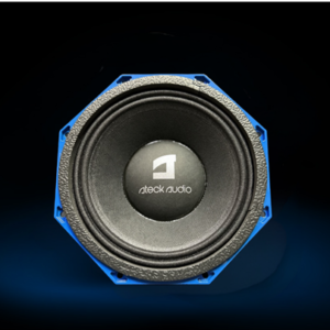 Blue and black speaker driver close-up.