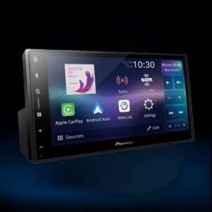 A car stereo with an apple music app on the screen.