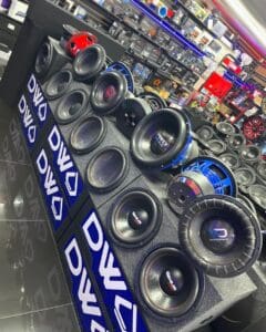 A display of some different types of speakers.
