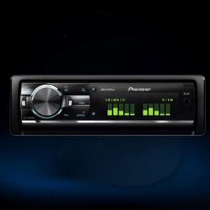 Pioneer car stereo with digital display controls.