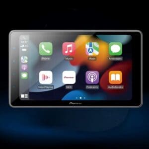 Touchscreen car audio display with various apps.
