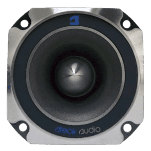Speaker with metallic frame and black cone.