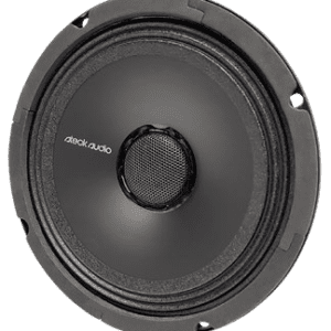 Black speaker with mesh grille design.
