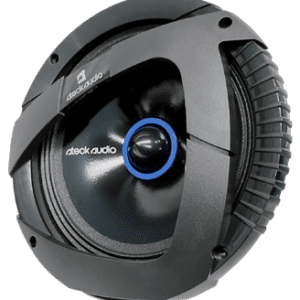 Black car audio speaker with blue accent.