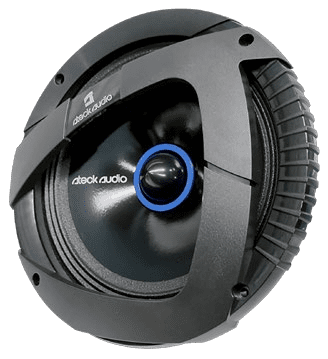 Black car audio speaker with blue accent.