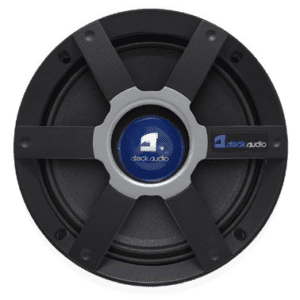 Speaker with a black and blue design.