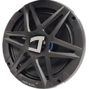 Black car audio speaker with intricate design.