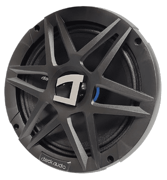 Black car audio speaker with intricate design.