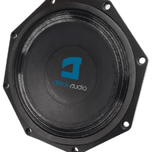 Black speaker driver with logo design.