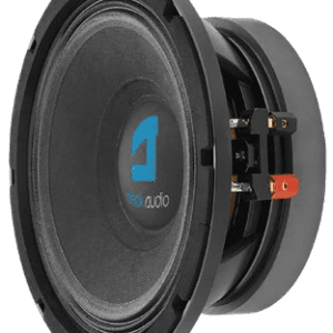 Black audio speaker with blue logo.