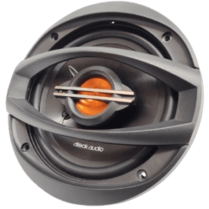 Car audio speaker with orange cone.