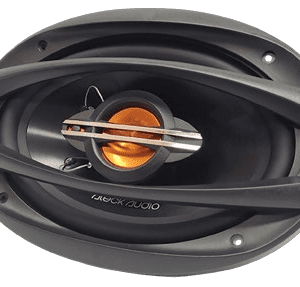 Oval car speaker with orange center.