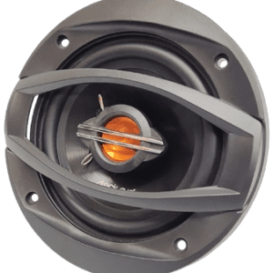 Speaker with a black and orange design.