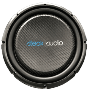 Subwoofer with carbon fiber design logo.