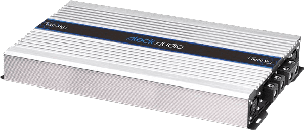 Audio amplifier with metal casing and branding.