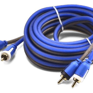 Blue audio/video cable coiled on a surface.