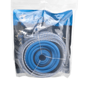 Blue and silver cables in clear packaging.