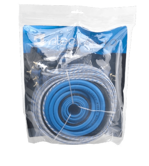 Blue and silver cables in clear packaging.