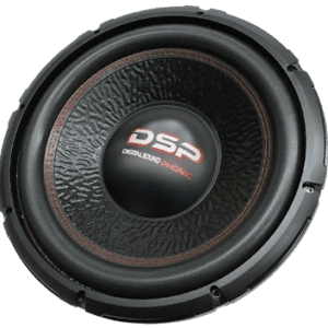 Subwoofer speaker with a textured black surface.