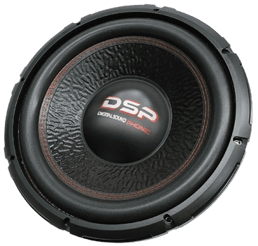 Subwoofer speaker with a textured black surface.