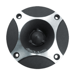 Speaker with a metallic design and logo.