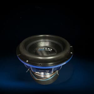 Subwoofer speaker with blue accents and wires.