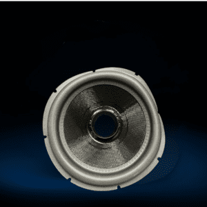 Metal speaker cone against a dark background.