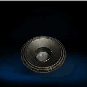 Black speaker cone on a dark background.